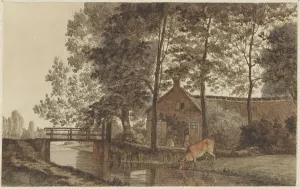 Klinkhamer Hendrik Abraham Prints: Farmyard with a cow drinking water on the Biltstraat in Utrecht