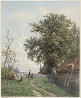 Shed Prints: Farmyard with some figures, a shed and large tree on the right