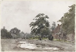 Julius Jacobus Van De Sande Bakhuzen Prints: Farmyard under tall trees with water in the foreground