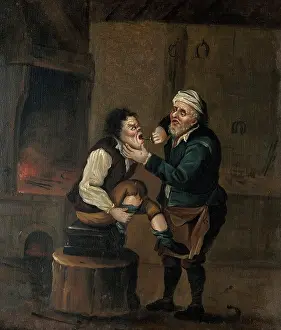 Scary Prints: A farrier extracting a tooth from a man's mouth