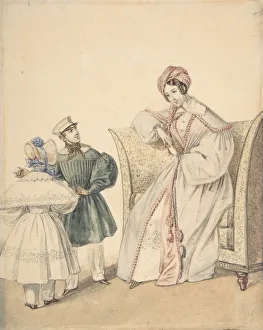 Tassels Prints: Fashion Drawing with a Woman Seated in a Chair with a Boy and Girl, 19th century