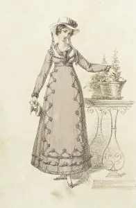 Plant Pot Prints: Fashion Plate (Cottage Dress), 1820. Creator: Rudolph Ackermann