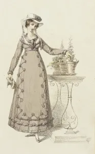 Plant Pot Prints: Fashion Plate (Cottage Dress), 1820. Creator: Rudolph Ackermann