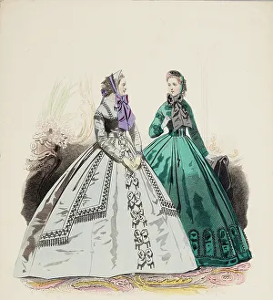 Bonnets Prints: Fashion Plate - Petit Courrier des Dames Modes de Paris, 1850-60. Creator: Gilquin fils