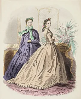 Bonnets Prints: Fashion Plate - Petit Courrier des Dames Modes de Paris, 1860-69. Creator: Gilquin fils