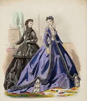 Bonnets Prints: Fashion Plate - Petit Courrier des Dames Modes de Paris, 1865-66. Creator: Gilquin fils