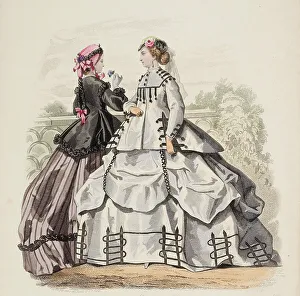Bonnets Prints: Fashion Plate - Petit Courrier des Dames Modes de Paris, 1866-67. Creator: Gilquin fils