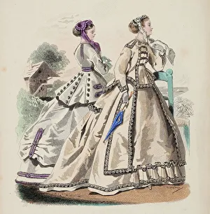 Bonnets Prints: Fashion Plate - Petit Courrier des Dames Modes de Paris, 1866-67. Creator: Gilquin fils