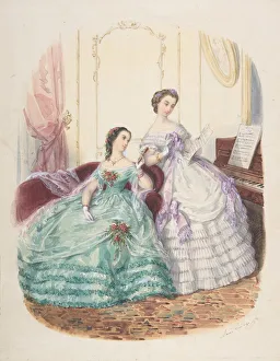 Gloves Prints: Fashion Study: Two Women in Evening Dress, ca. 1860. Creator: Adele-Anais Colin