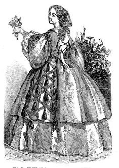 Layered Prints: Fashions for November - Dress of Green and Grey Striped Silk, 1858. Creator: Unknown