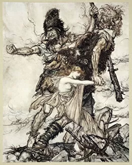 Abducting Gallery: Fasolt suddenly seizes Freia and drags her to one side with Fafner, 1910. Artist