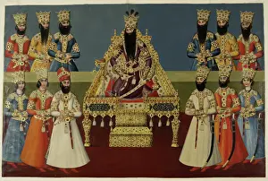 Beards Prints: Fath Ali Shah enthroned with his sons, 1816-1820. Creator: Abdallah Khan