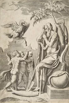 Scythe Gallery: Father Time at the right leaning on a scythe, three naked boys and eagle at the left, 1