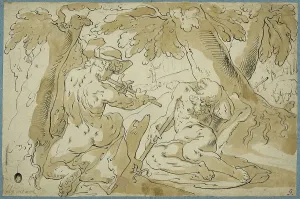 Argus Prints: Faun playing flute sleeping shepherd (Merkurius o Argus). Creator: Abraham Bloemaert