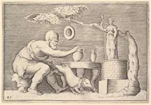 Veneziano Prints: A Faun or Satyr Preparing a Pig for Sacrifice, published ca. 1599-1622. Creator: Unknown
