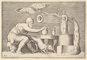 Veneziano Battista Franco Gallery: A Faun or Satyr Preparing a Pig for Sacrifice, published ca. 1599-1622. Creator: Unknown