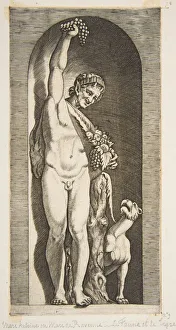 A faun standing in a niche holding aloft a bunch of grapes with his right hand