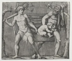 Two Fauns Carrying a Child in a Basket, c. 1513-1515. Creator: Marcantonio Raimondi (Italian