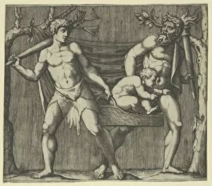 Mythological Figure Gallery: Two Fauns Carrying a Child, ca. 1513-15. Creator: Marcantonio Raimondi