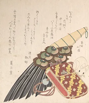 Kyosai Prints: Feather-Brush and Doran (a Kind of Medicine Case) with a Netsuke of a Rat, probab