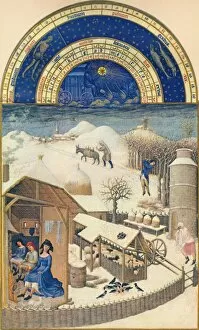 Sheep Collection: February - village under the snow, 15th century, (1939). Creator: Paul Limbourg