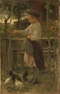 Hens Prints: Feeding Chickens, 1866. Creator: Jacob Henricus Maris