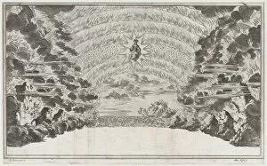 A female figure in glory at center, surrounded by burning rocks; below Cupid sailing on a... 1668