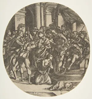 Female figure (Saint Catherine?) kneeling on the ground at center pleading to a male