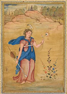 Late 16th Century Prints: A female figure standing in a landscape holding a four-stringed khuuchir and a lotus