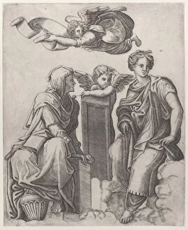 Raphael Gallery: Two female figures seated in the clouds flanking an angel and another flying above