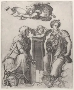 Two female figures seated in the clouds flanking an angel and another flying above