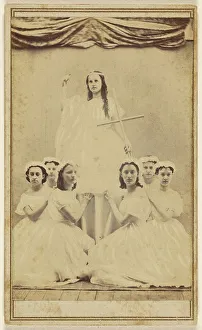 Gowns Prints: Female group portrait, six in white gowns kneeling