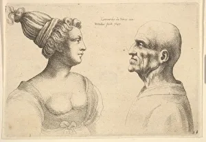 Da Vinci Leonardo Prints: A female with hair tied back and a bald male facing each other, 1645