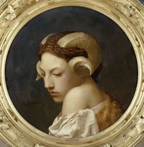 Gerome Prints: Female head crowned with ram horns
