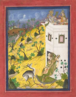 Sitar Prints: A Female Musician Charms an Antelope, ca. 1825. Creator: Unknown