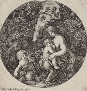 Breastfeeding Gallery: Female Satyr Nursing a Child in a Wooded Landscape, 1656. Creator: Stefano della Bella
