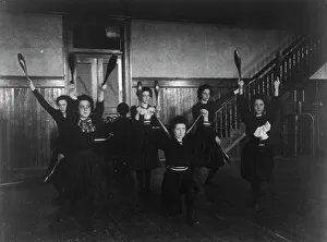 Gymnasium Prints: Female students exercising with bowling pins