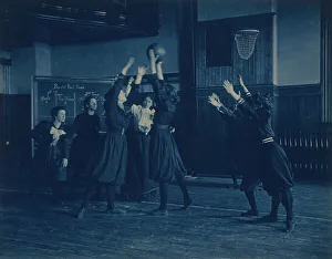 Cyanotypes 1890 1900 Gmgpc Prints: Female students playing basketball in a gymnasium