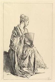 Antoine Watteau Collection: Femme assise, de profil adroite, jouant de l eventail, 1720-70