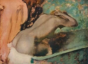 Buttocks Gallery: Femme assise sur le bord d une baignoire ets epongeant le cou, c1880, (1936). Artist: Edgar Degas
