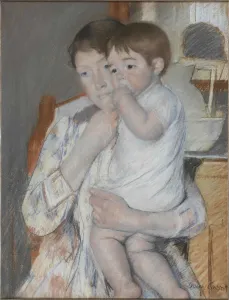Mother And Child Collection: Femme et enfant devant une tablette ou sont poses un broc et une cuvette, c