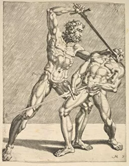 Two Fencers, from Fencers, plate 7, 1552. Creators: Dirck Volkertsen Coornhert
