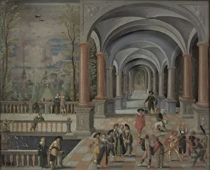 Festive Prints: Festive Gathering and Figures from a Commedia dell'Arte in a Gallery