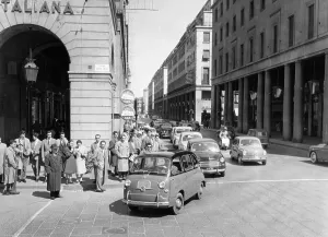 Onlooker Prints: Fiat 600 Multipla leading a procession of Fiats, Italy, (late 1950s?)