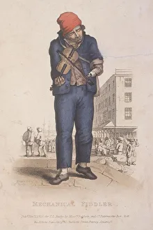 Busby Prints: Fiddler with a prosthetic arm, with a market in the background, 1820