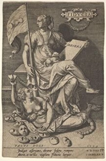 Sadeler Jan Gallery: Fiducia, a seated woman holds a book and banner while turning her head away from a