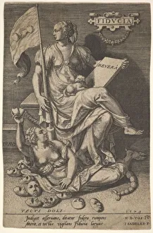 Maerten Prints: Fiducia, a seated woman holds a book and banner while turning her head away from a