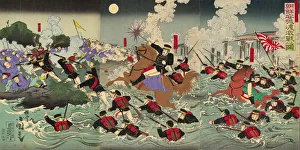 Chino Japanese War Of 1894 1895 Prints: Fierce Fighting at Anseong Crossing in Korea (Chosen Anjo watashi no gekisen no zu), 1894