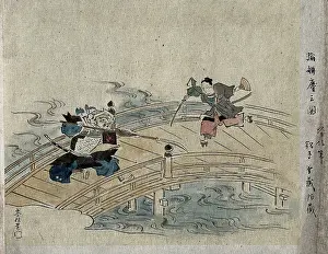 Opponent Prints: A fierce samurai holding a spear fighting an effeminate samurai on a bridge