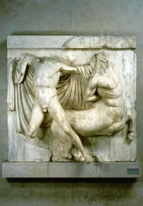 A fight between a human Lapith and a Centaur, metope from the Parthenon, c440 BC A fight between a human Lapith and a Centaur, metope from the Parthenon, c440 BC